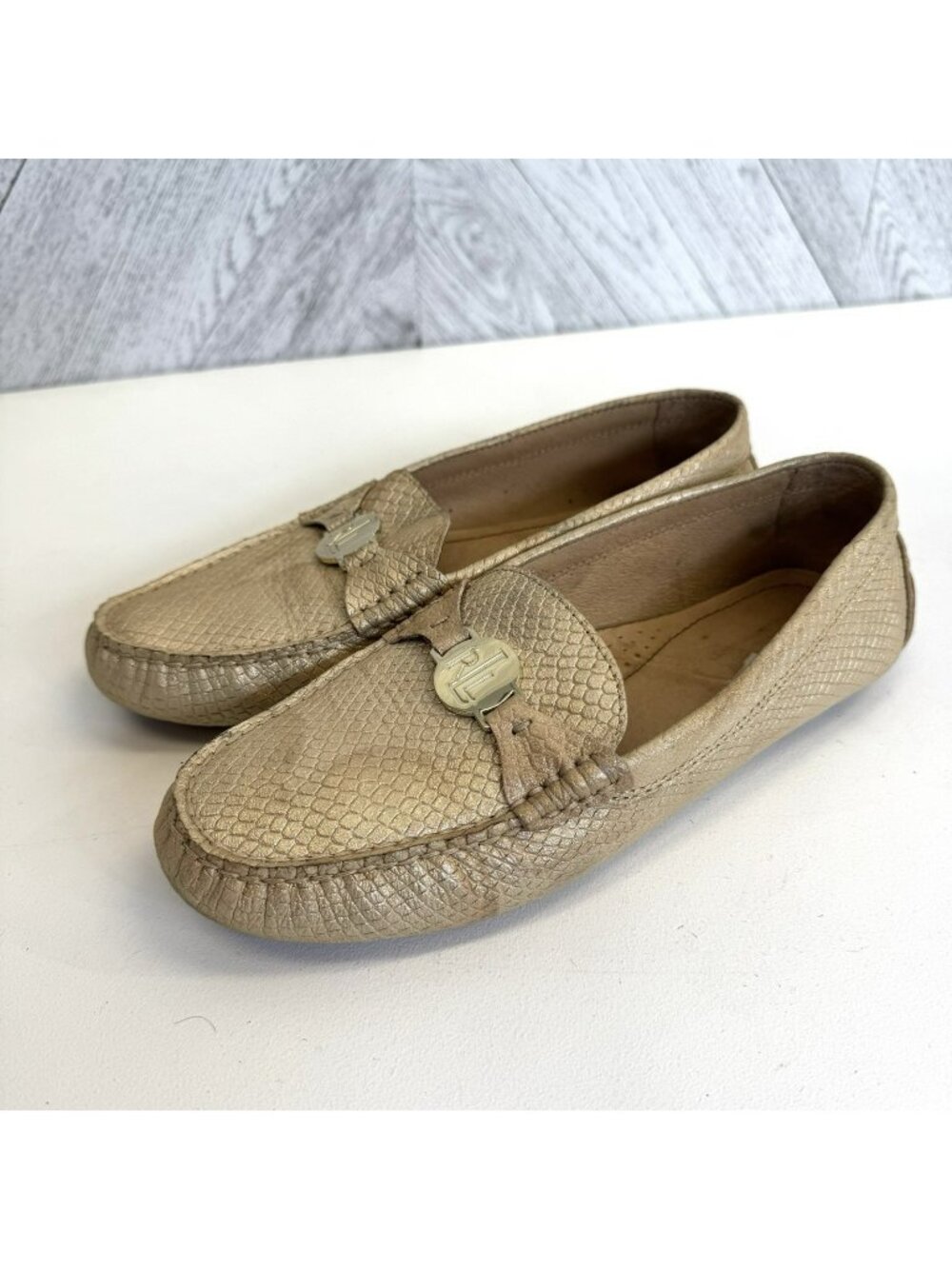 Lauren Ralph Lauren Carley Leather Loafers Driving Shoes Gold Womens Size 8.5